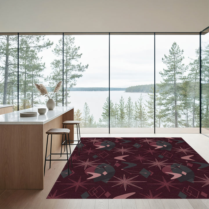 Crimson Starburst Atomic Boomerang Shapes Rug