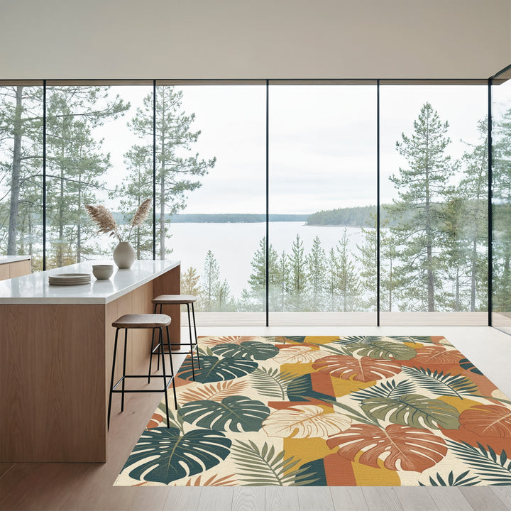 Earthy Terracotta Tropical Monstera Leaves Rug