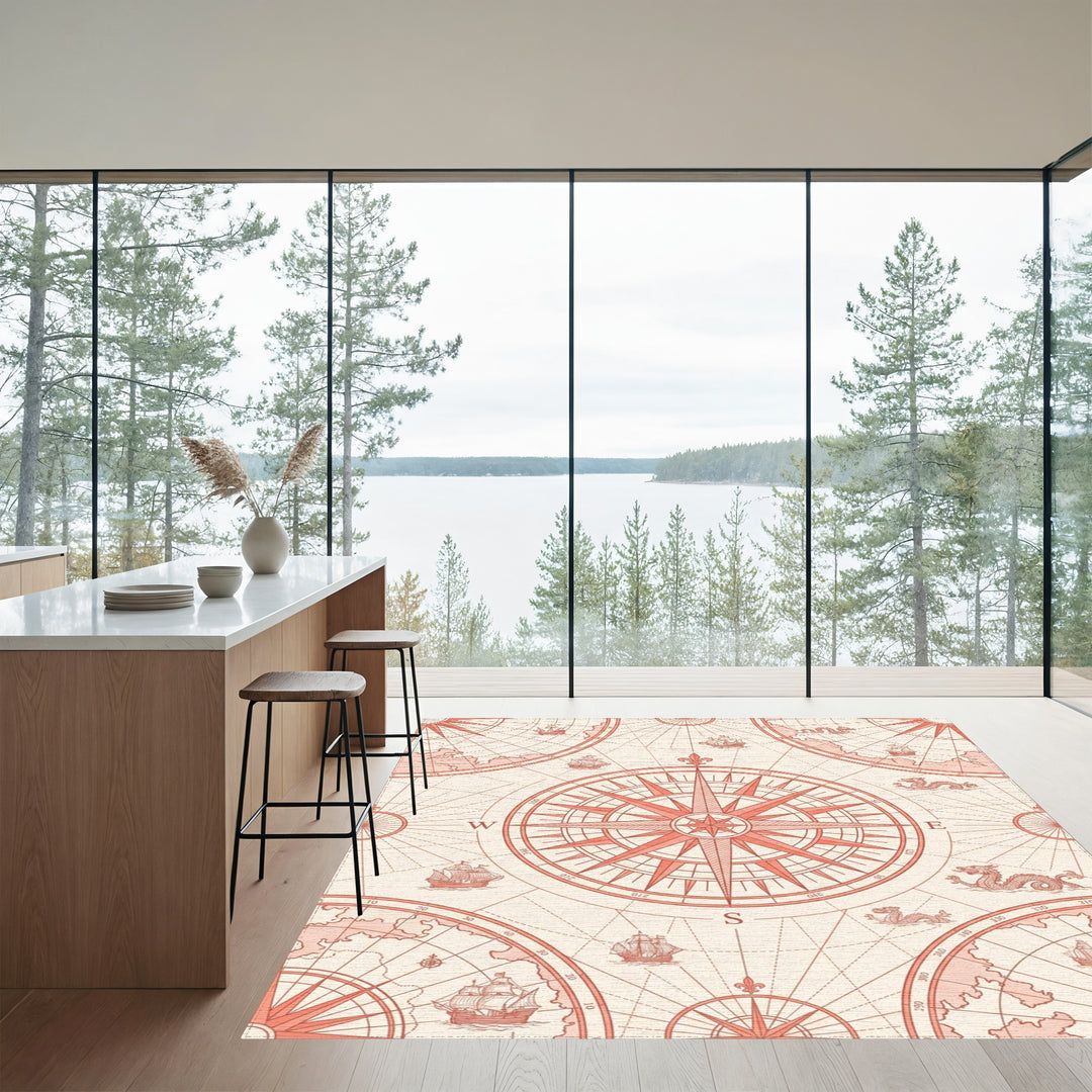 Coral Nautical Compass Ship Dragon Map Rug