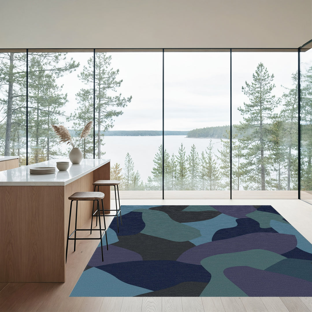 Deep Blue Abstract Camouflage Shapes Rug