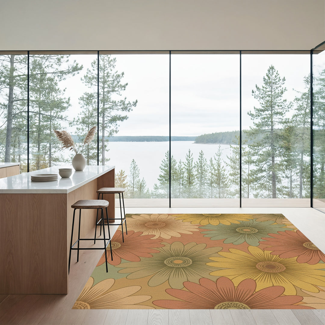 Retro Terracotta Daisy Floral Field Rug