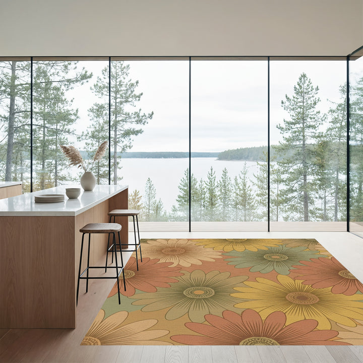 Retro Terracotta Daisy Floral Field Rug