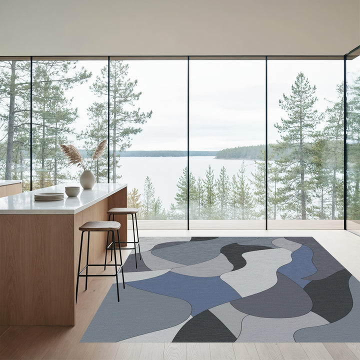 Modern Graphite Blue Abstract Waves Rug