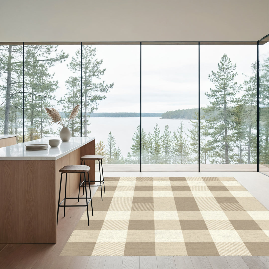 Warm Beige Checked Plaid Rug