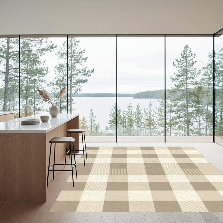 Warm Beige Checked Plaid Rug
