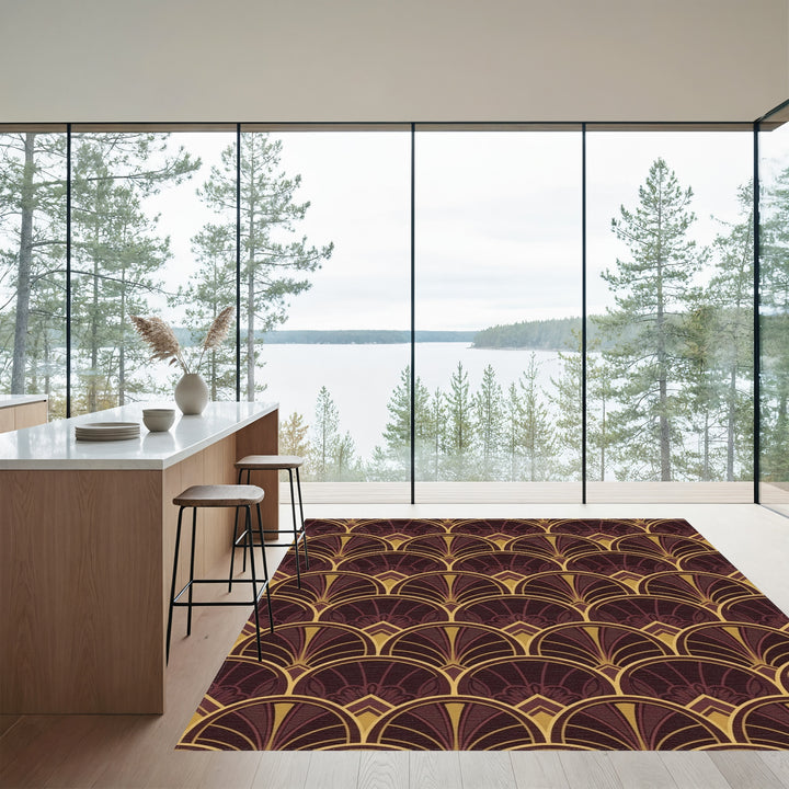 Crimson Gold Art Deco Fan Rug