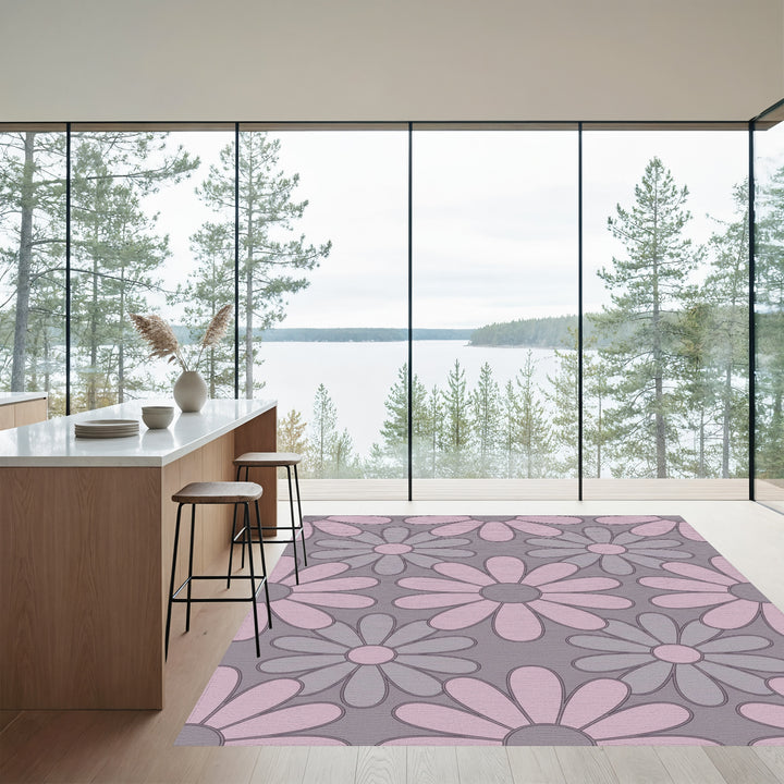 Retro Floral Pink and Gray Daisy Rug