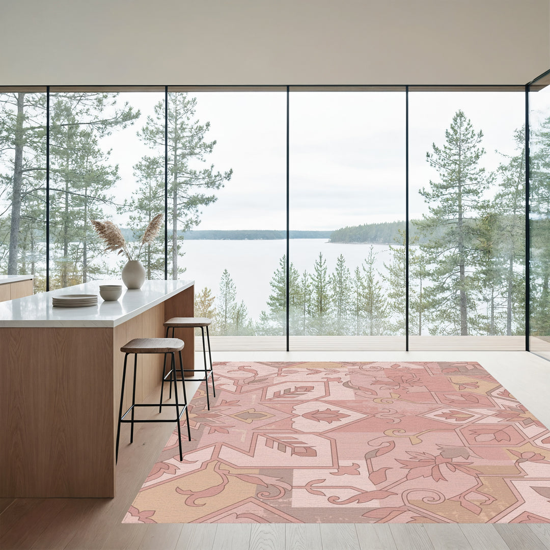 Dusty Rose Floral Geometric Patchwork Rug