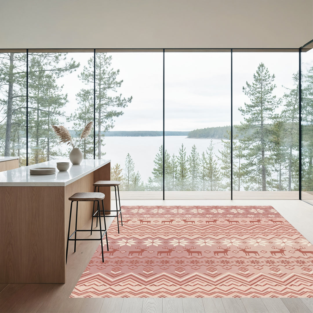 Rose Gold Nordic Reindeer Snowflake Stripe Rug