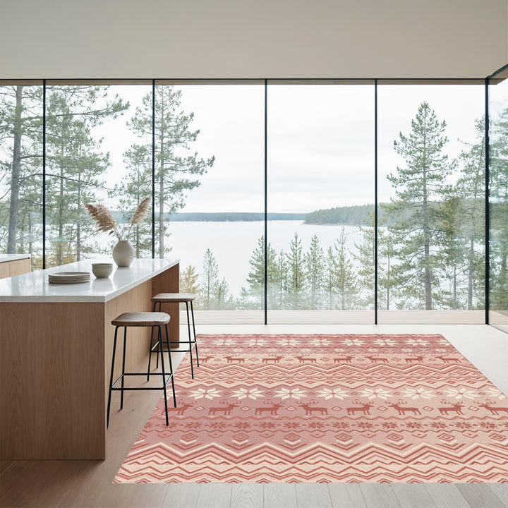 Rose Gold Nordic Reindeer Snowflake Stripe Rug