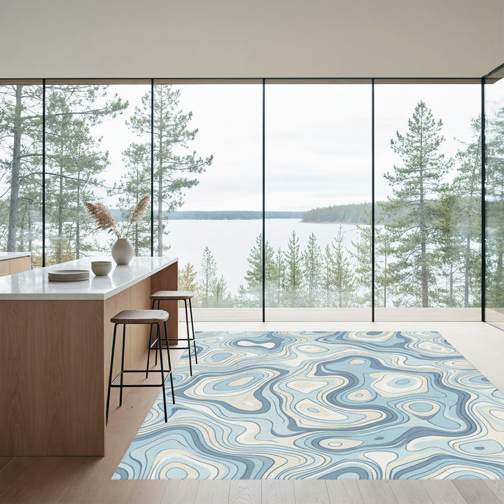 Blue Ivory Topographic Wave Rug