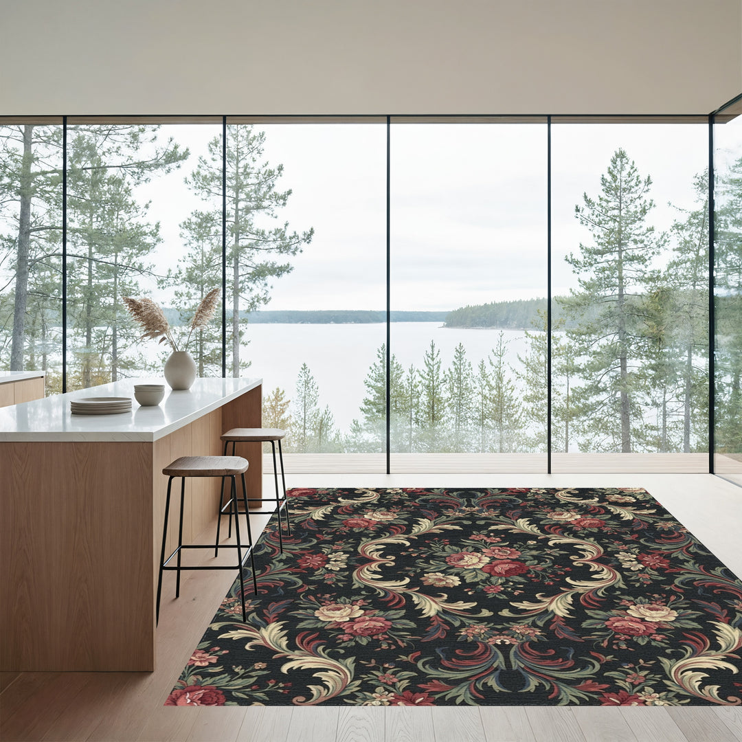 Victorian Red Floral Scroll Arrangement Rug