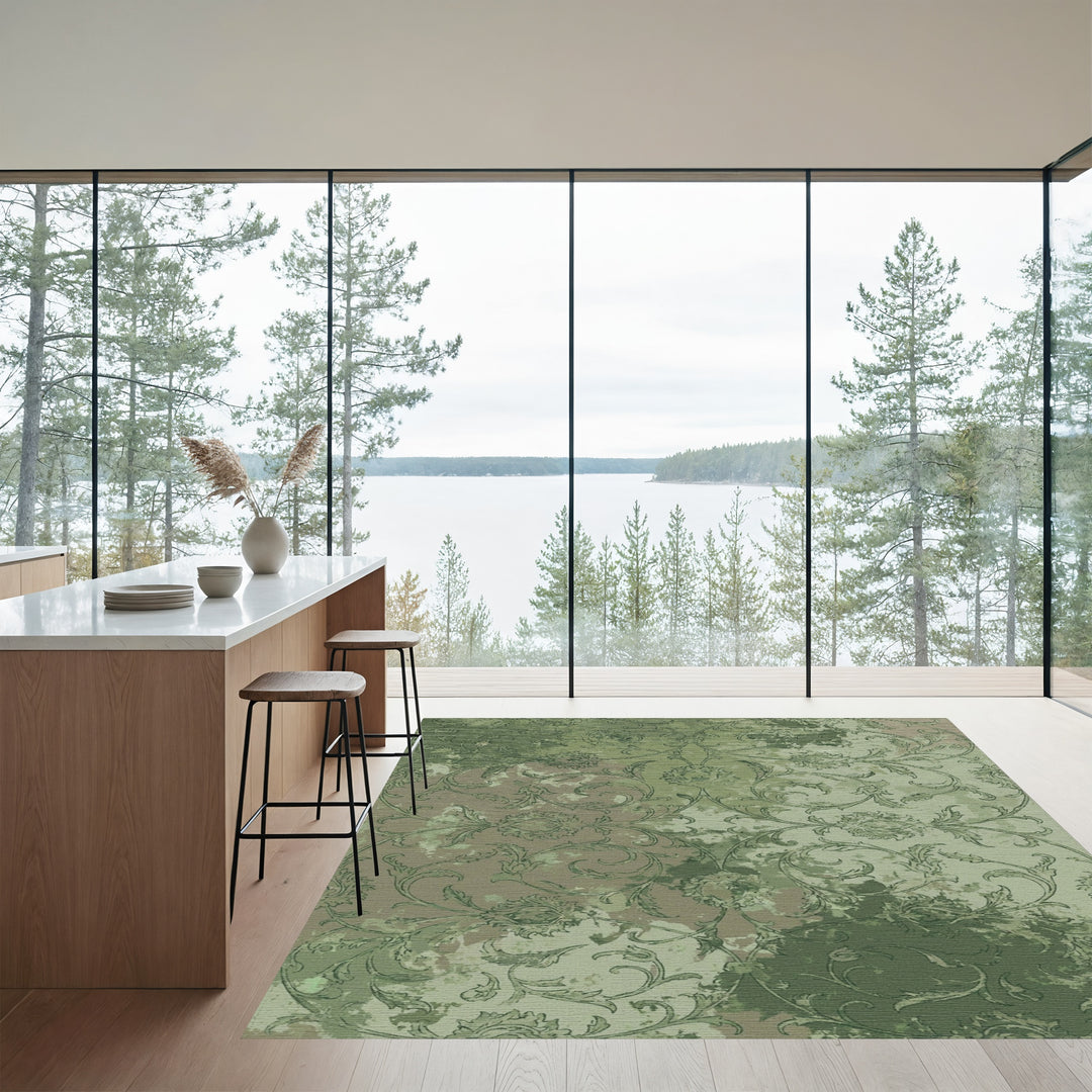 Distressed Green Floral Scroll Rug