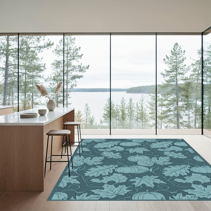 Autumn Pumpkin Leaf Swirl Teal Rug