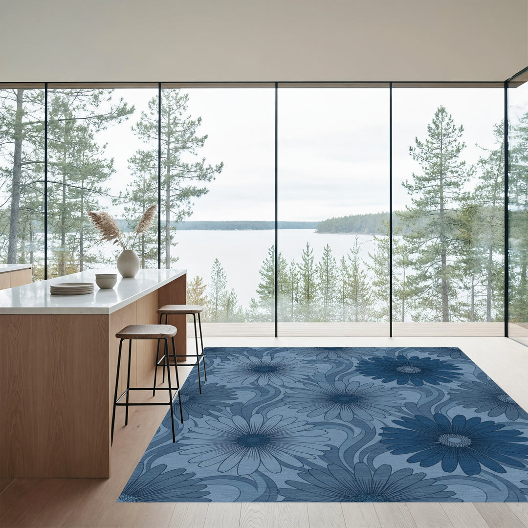 Dark Blue Floral Swirl Art Nouveau Rug