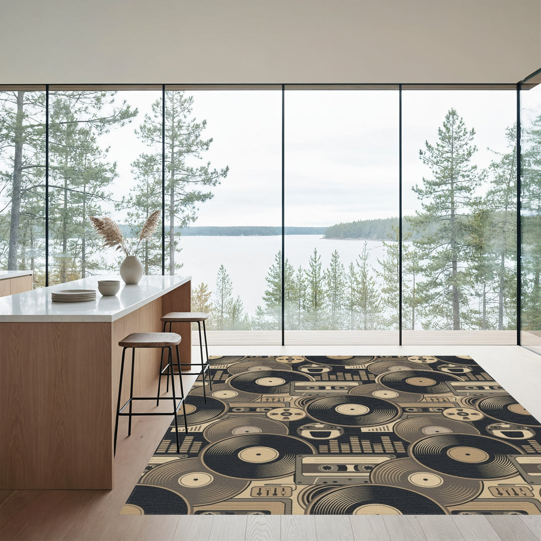 Retro Vinyl Record Cassette Tape Assemblage Rug