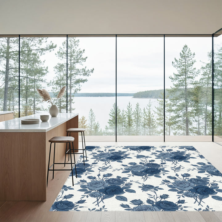 Indigo Blue Rose Bouquet Vintage Rug