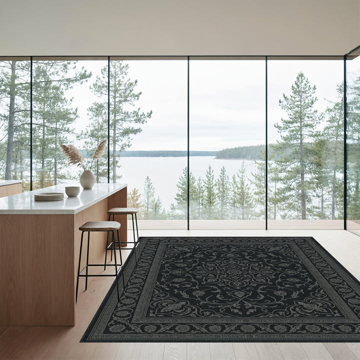 Dark Gray Intricate Floral Medallion Rug