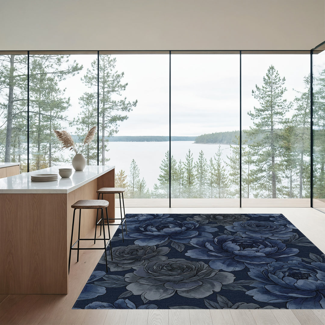 Deep Blue Floral Watercolor Garden Rug