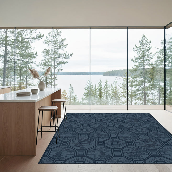 Deep Blue Dragon Pagoda Floral Medallion Rug