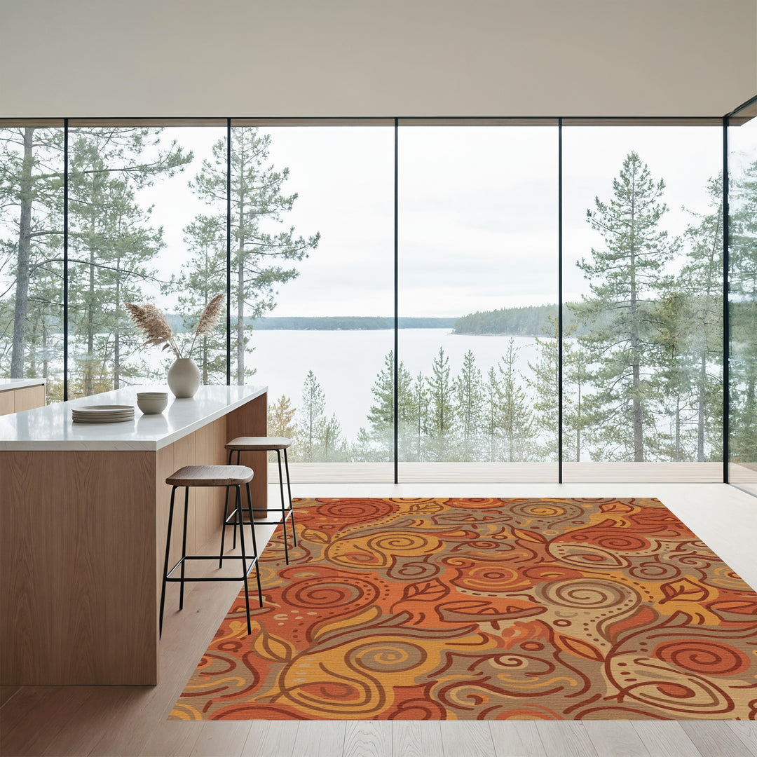 Earthy Terracotta Swirl Leaf Rug