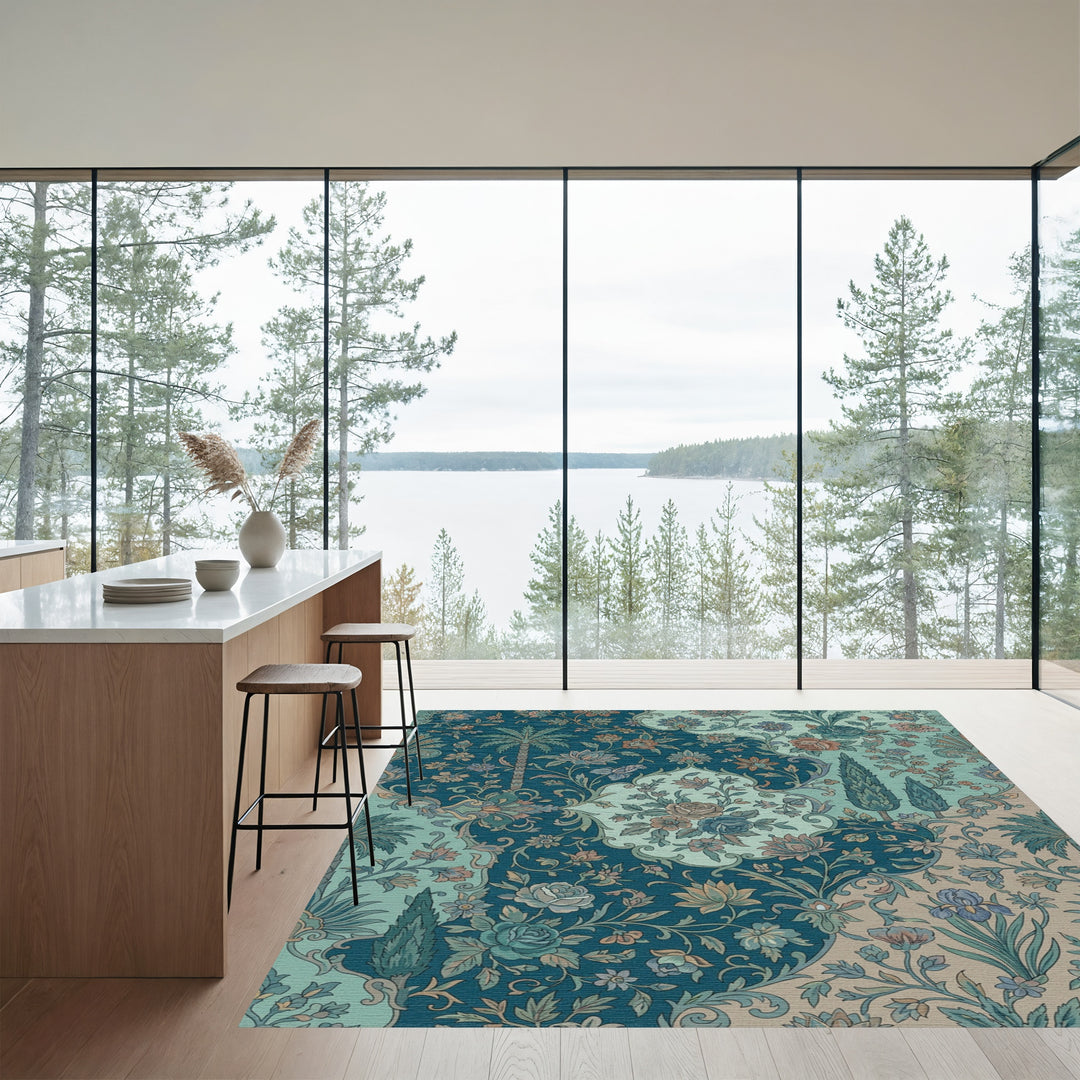 Vintage Teal Floral Tree Garden Rug