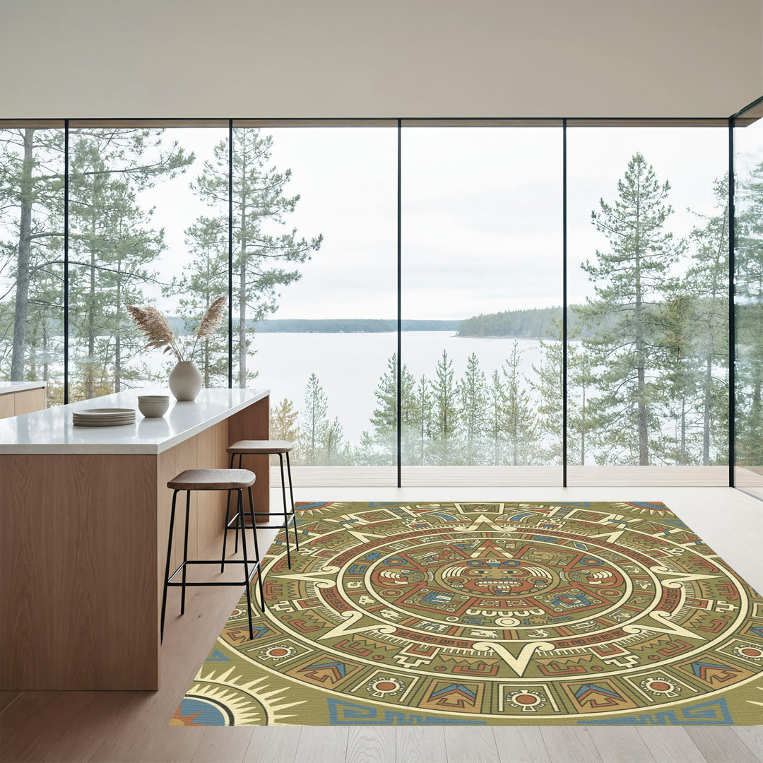 Aztec Sun Stone Earth Tones Medallion Rug