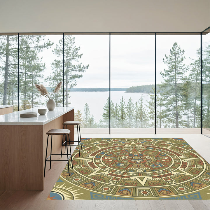Aztec Sun Stone Earth Tones Medallion Rug