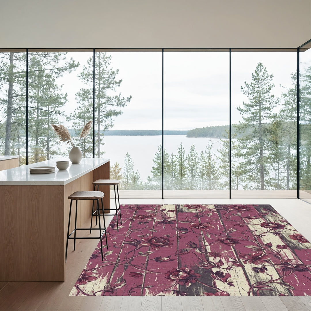 Ornate Plum Floral Woodgrain Vines Rug