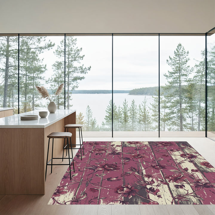 Ornate Plum Floral Woodgrain Vines Rug
