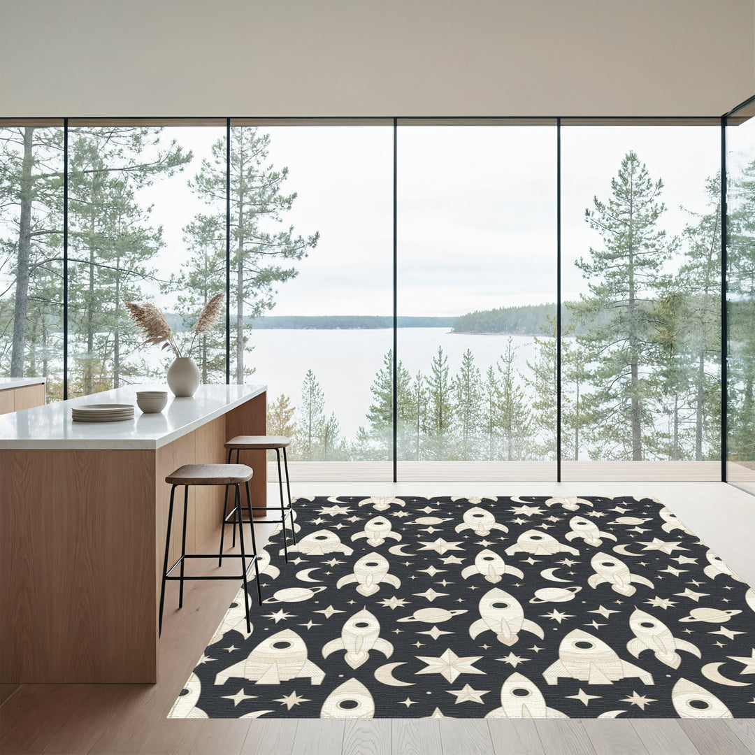 Cream Rockets Stars Moon Planets Rug