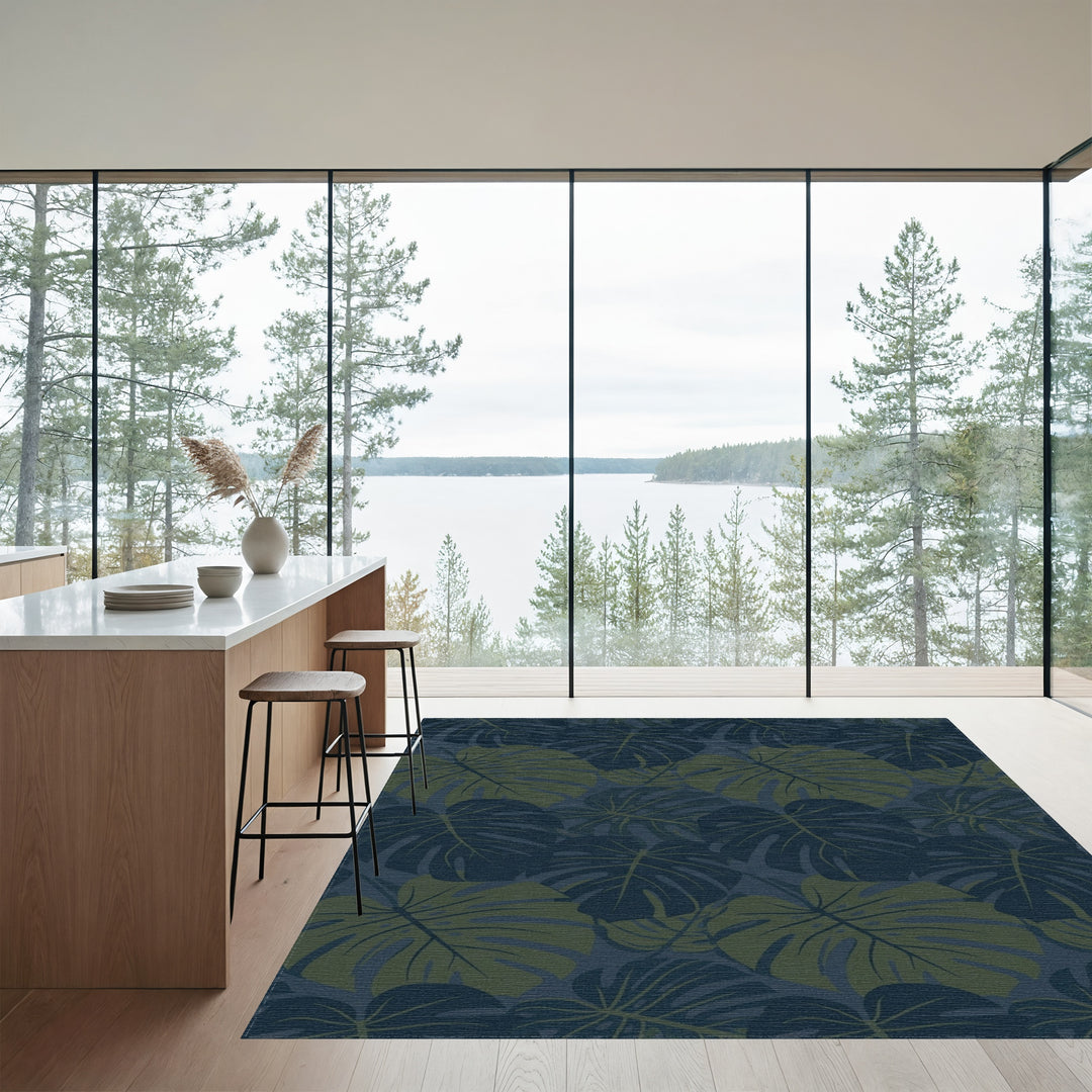 Deep Blue Green Tropical Leaf Collage Rug