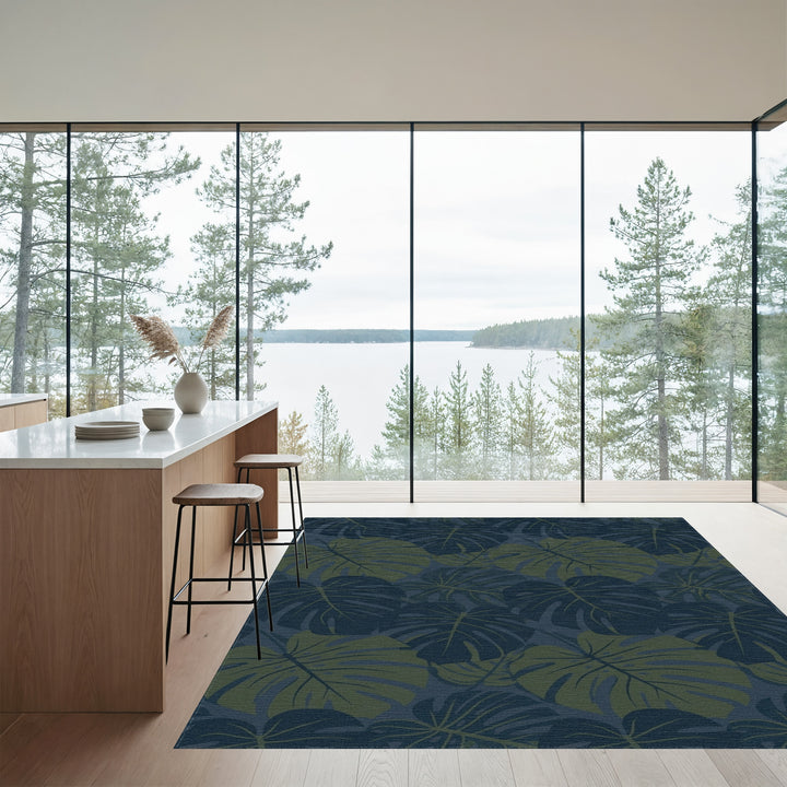 Deep Blue Green Tropical Leaf Collage Rug