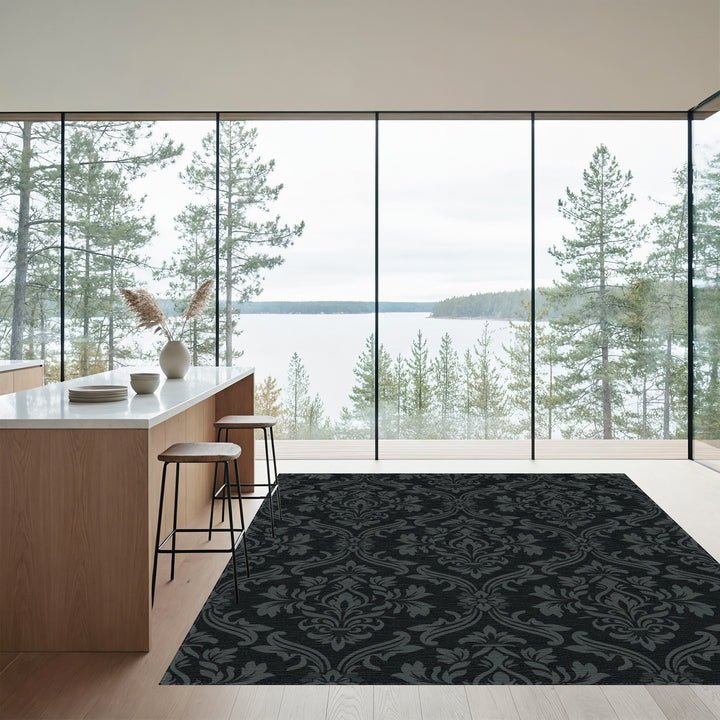 Dark Charcoal Damask Floral Arrangement Rug