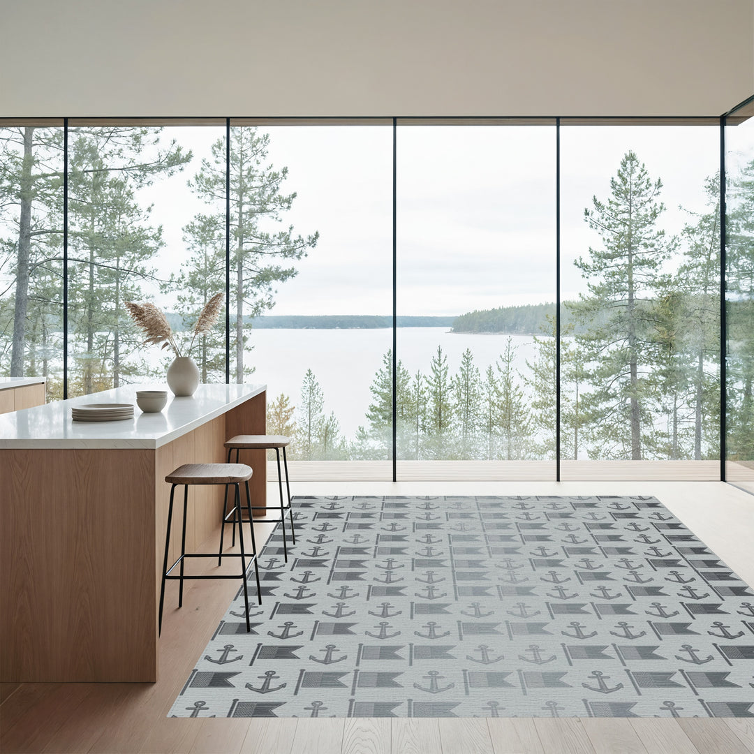 Gray Nautical Anchor Flag Repeat Rug