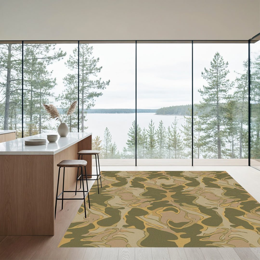Olive Tan Abstract Camouflage Waves Rug