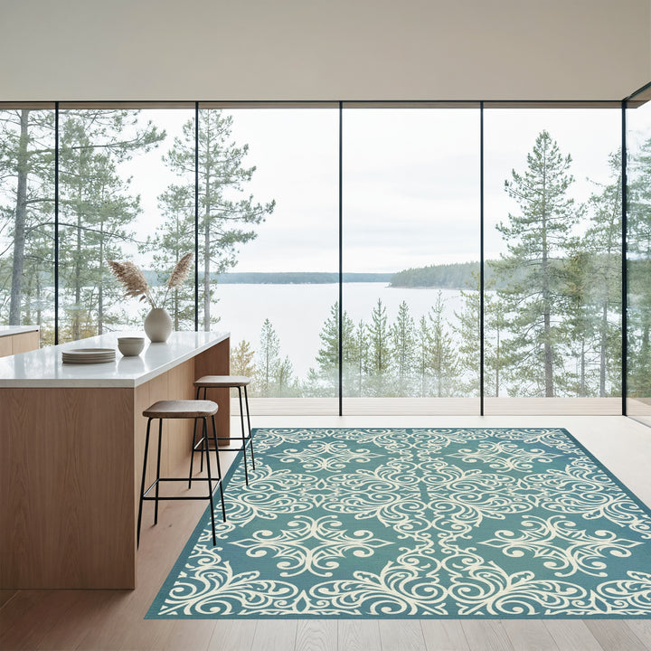 Ornate Teal White Scrollwork Rug