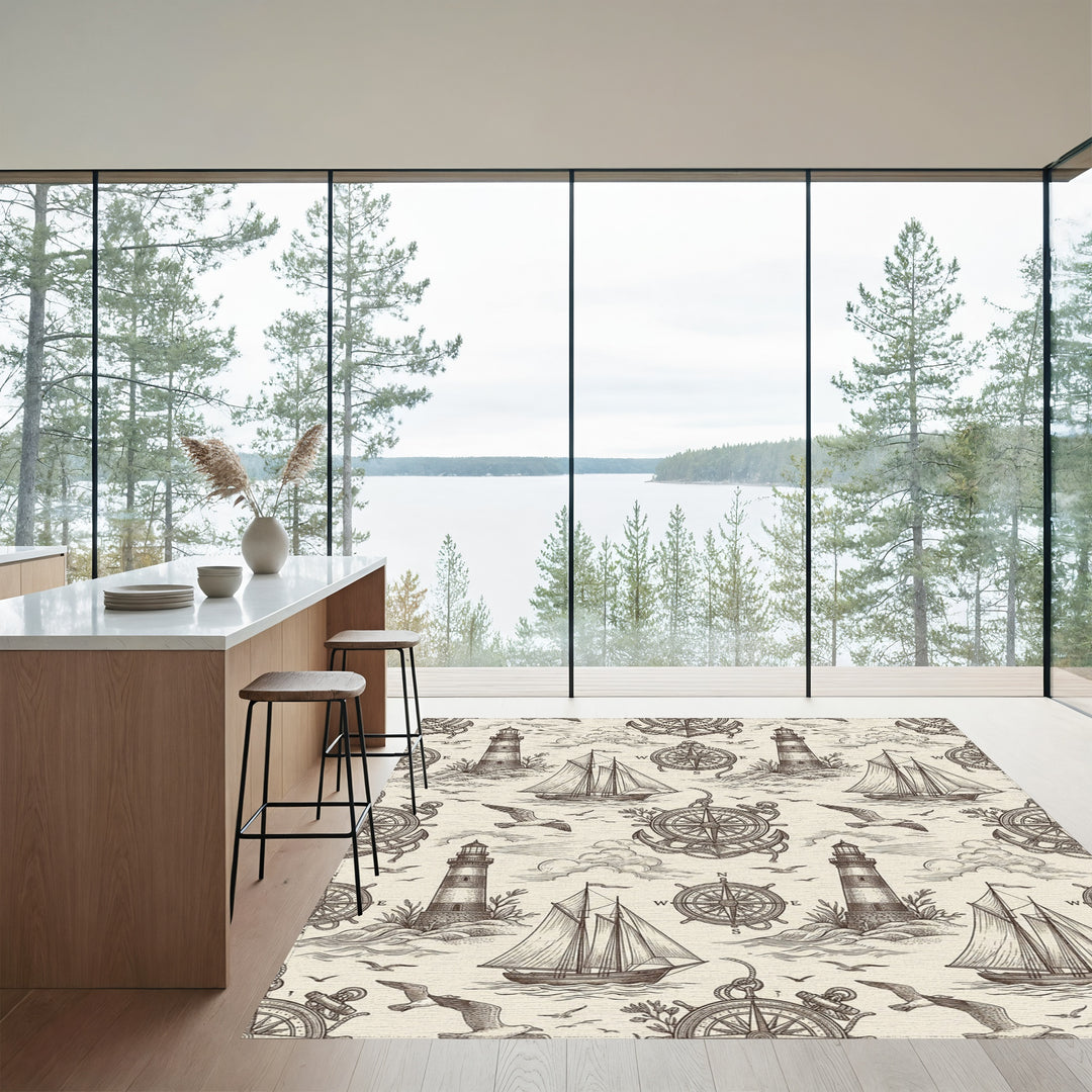 Nautical Sketch Lighthouse Sailboat Compass Seagull Rug