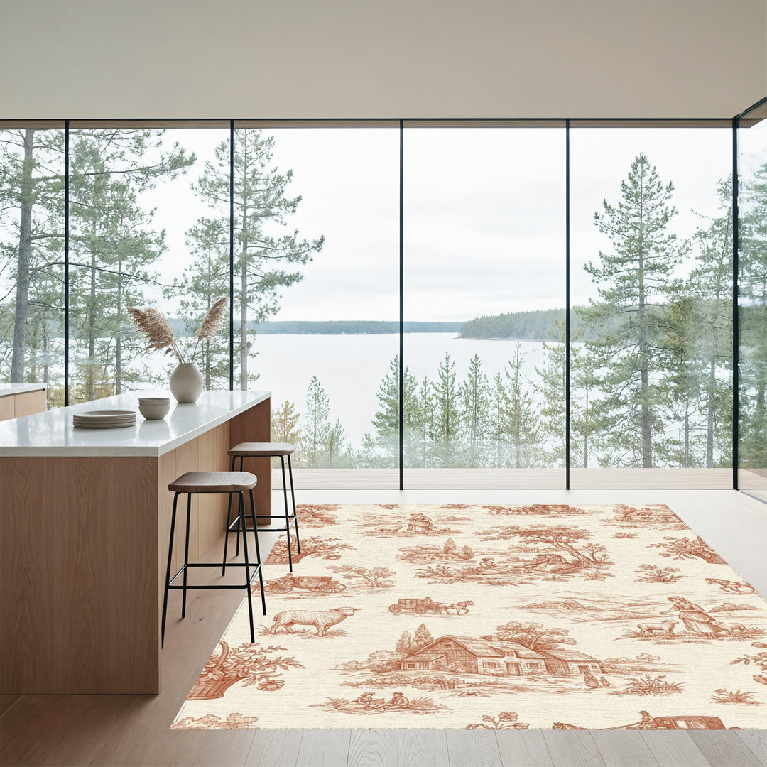Rustic Countryside Landscape Carriage Scene Rug