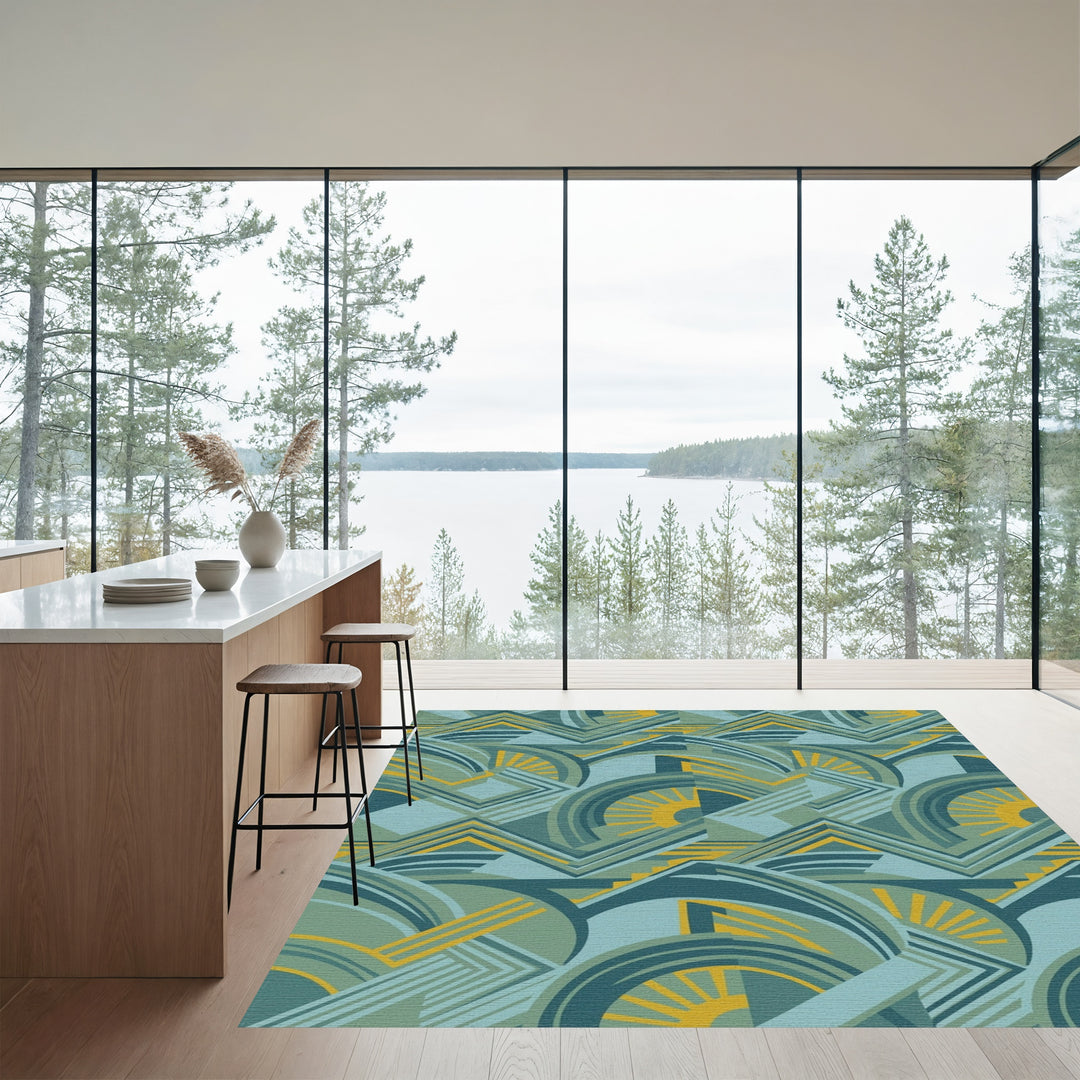 Art Deco Teal Yellow Sunburst Geometric Rug