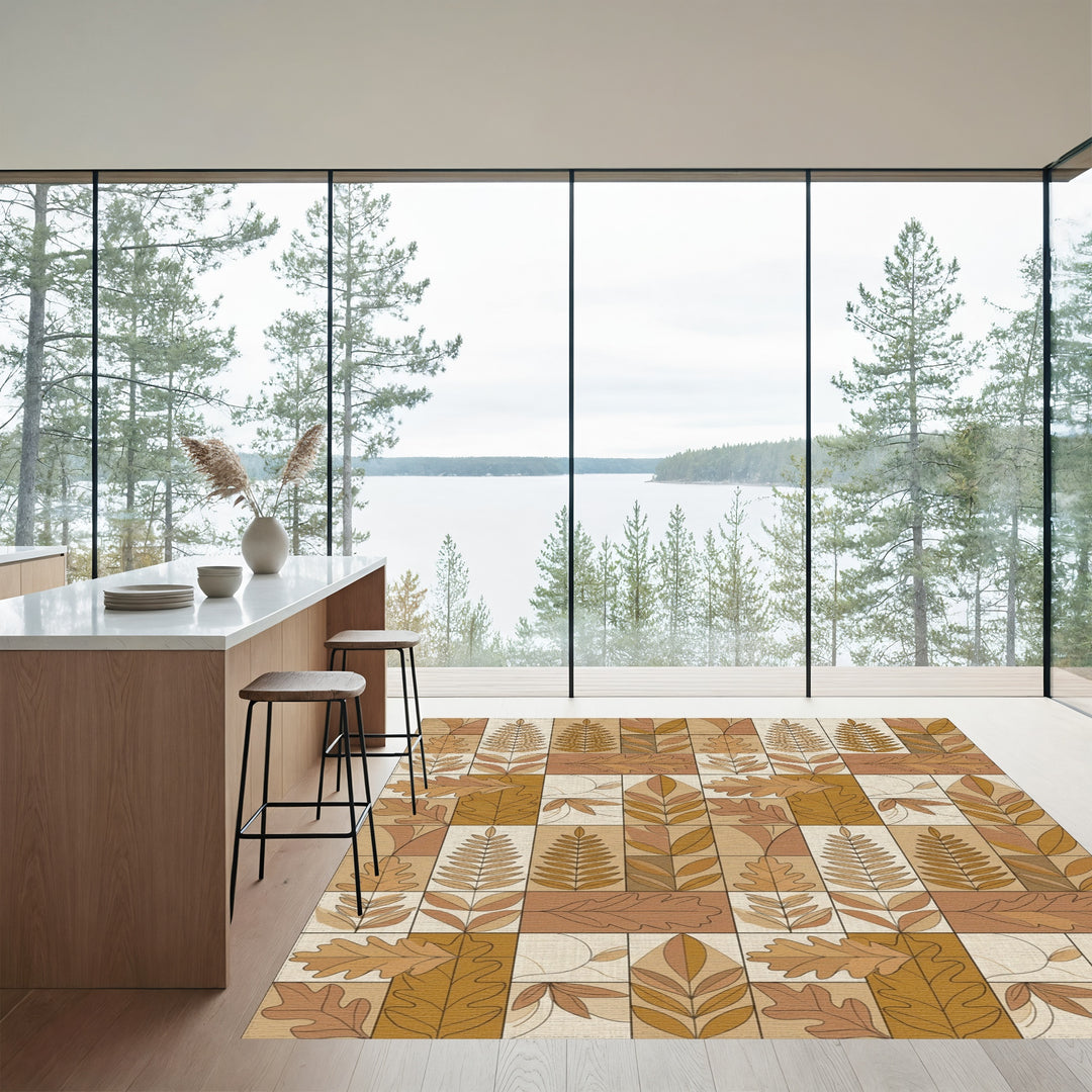 Earthy Autumn Leaf Block Print Rug