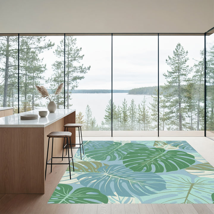 Muted Teal Monstera Leaf Collage Rug