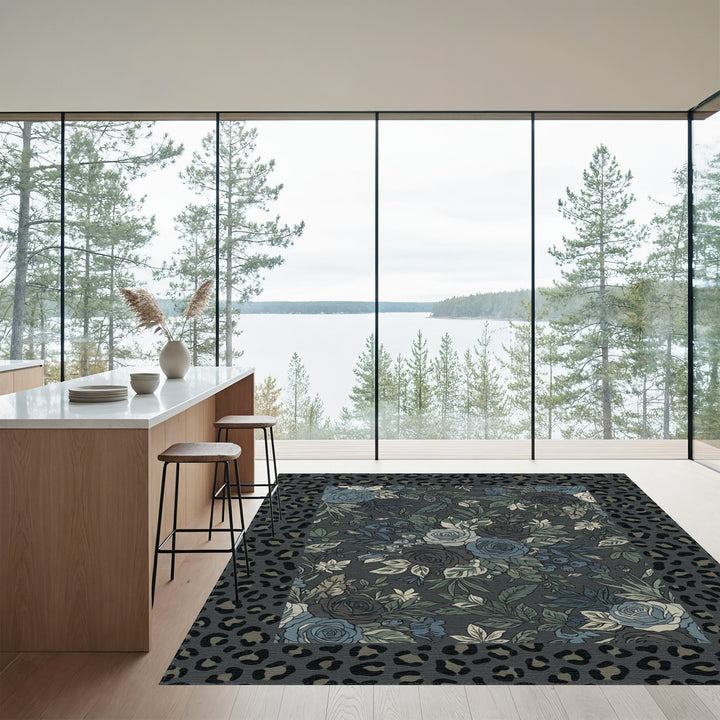 Moody Blue Floral Leopard Border Rug