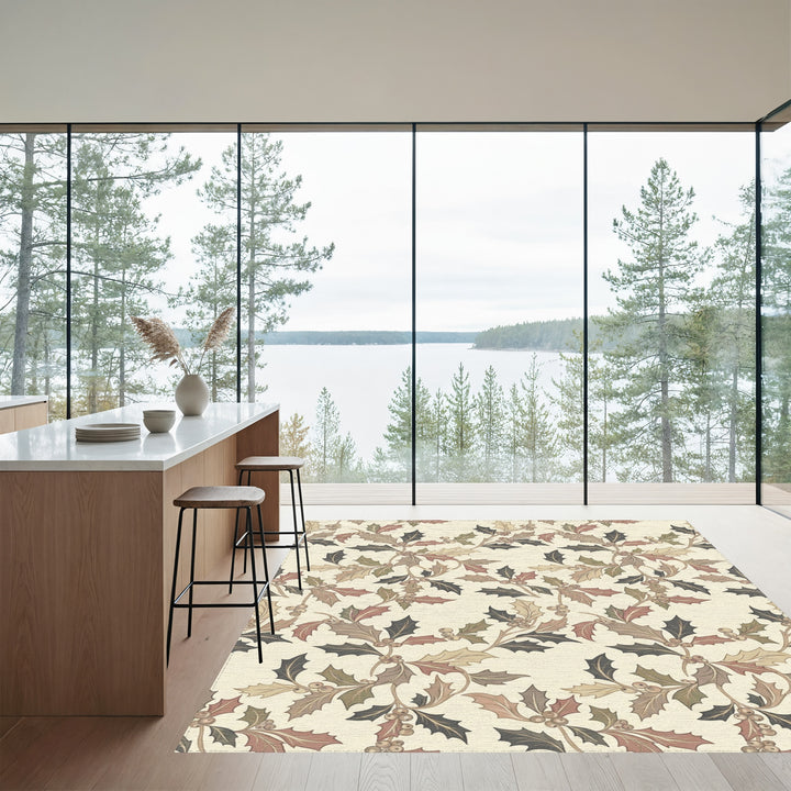 Rustic Holly Leaf Berry Branches Rug
