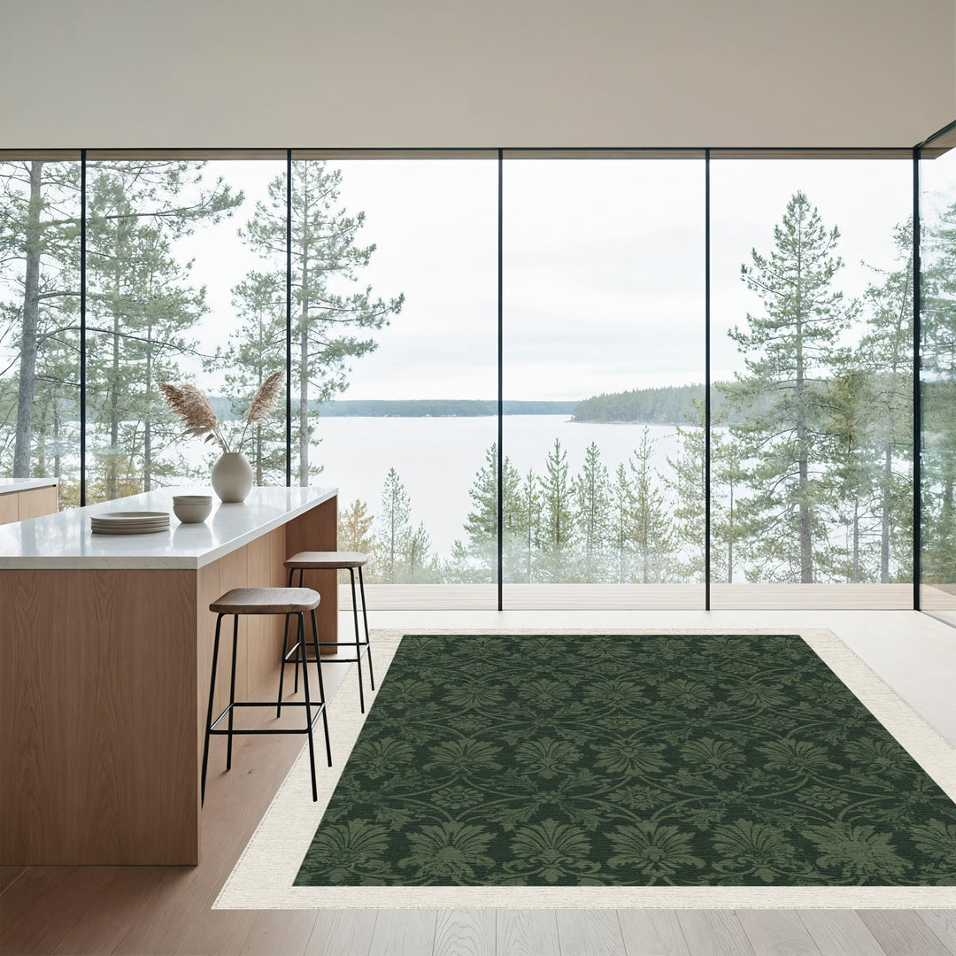Deep Forest Crested Floral Damask Rug