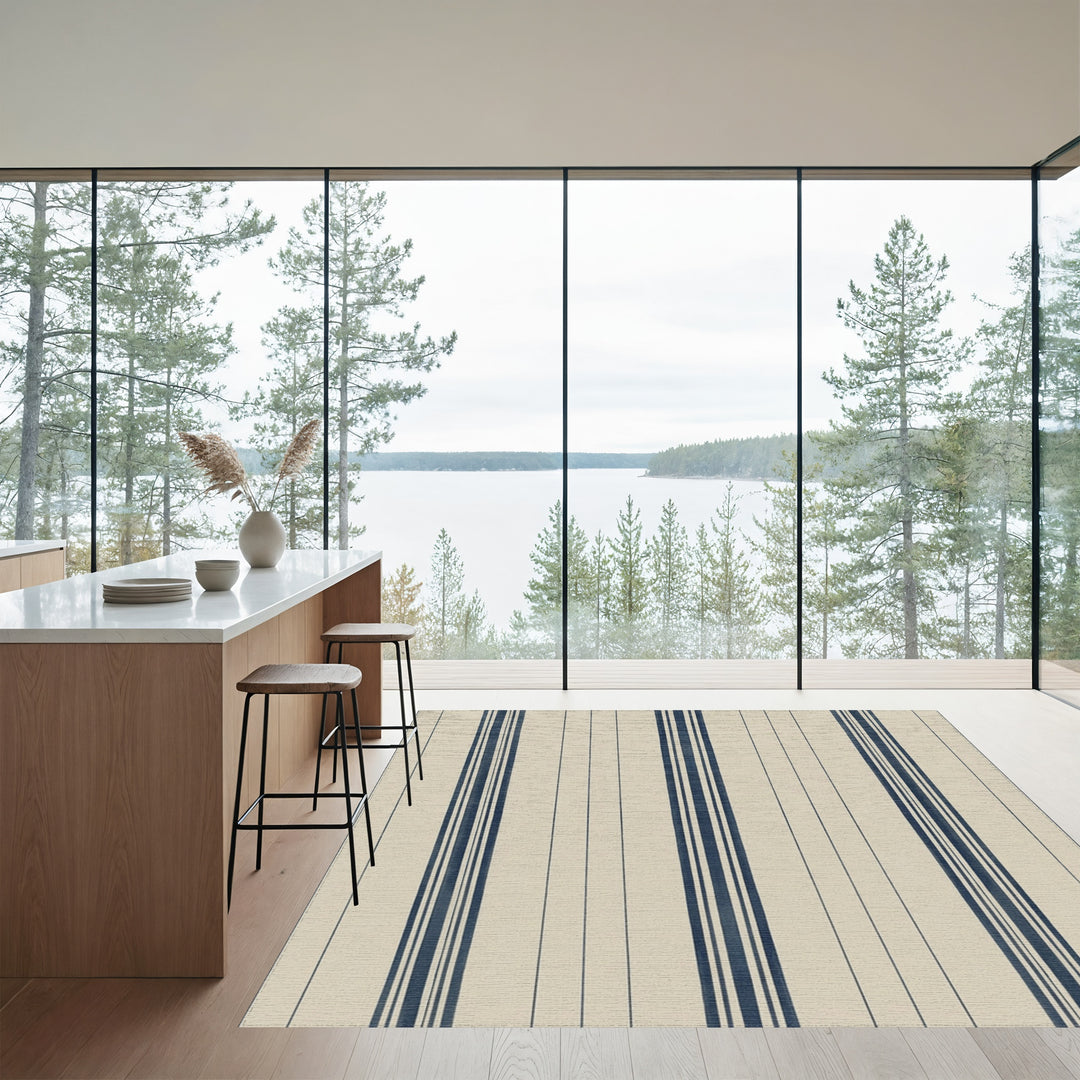 Classic Navy Blue Stripe Cream Rug