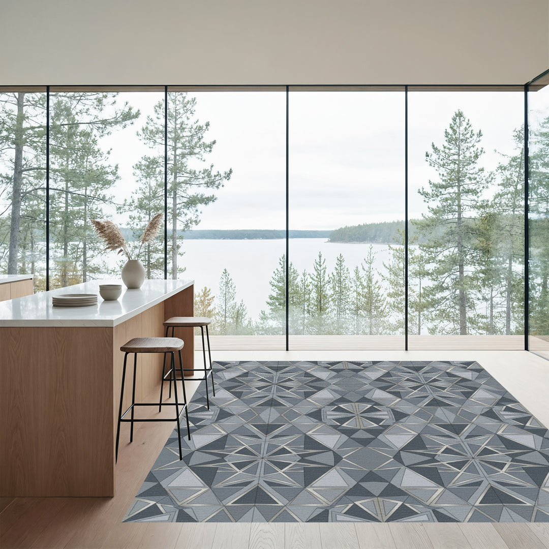 Cool Gray Geometric Starburst Rug