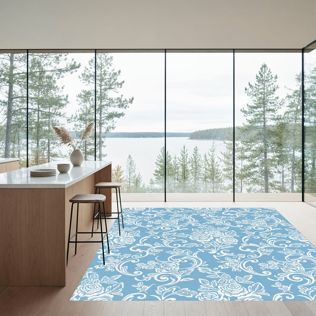 Powder Blue Rose Vine Scroll Rug