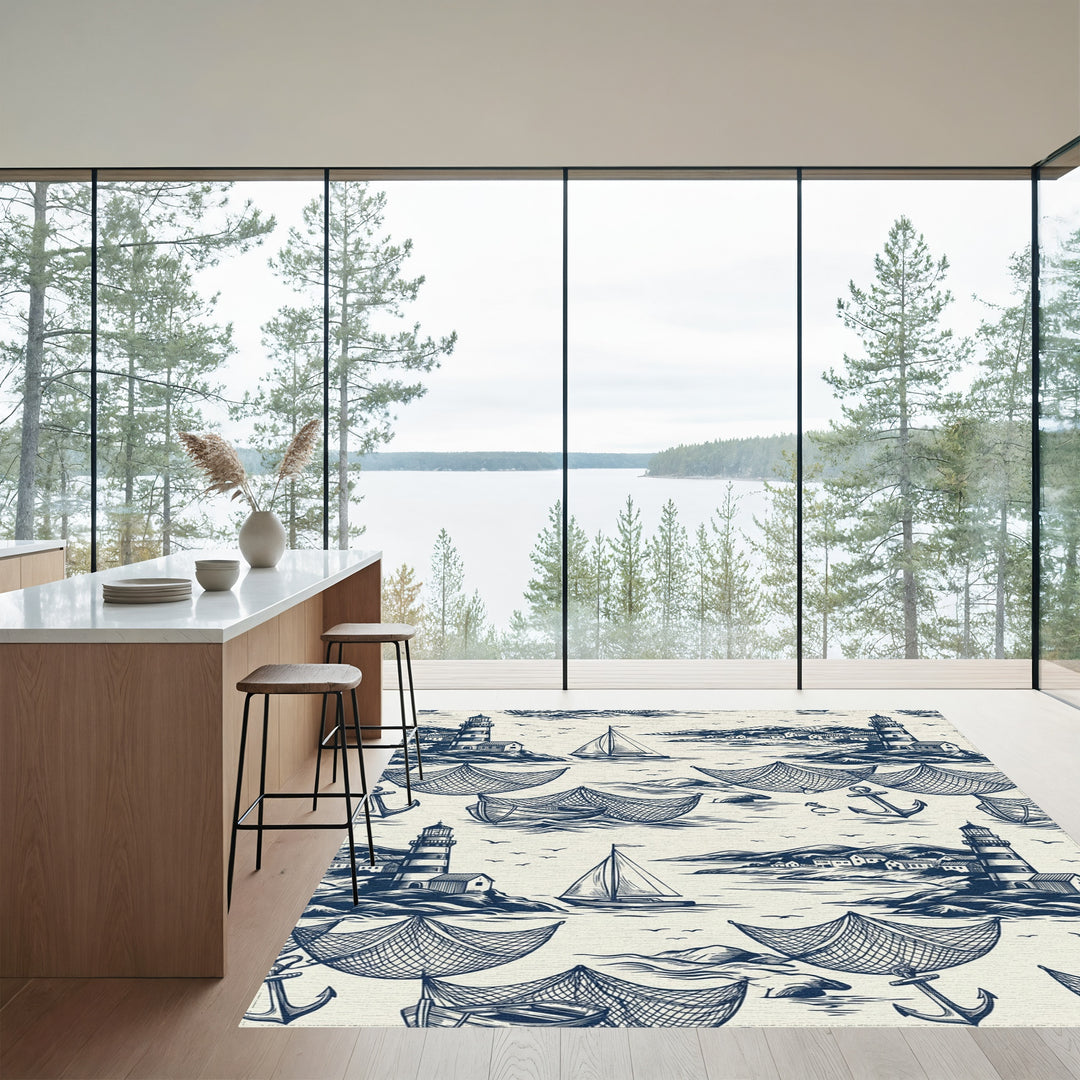 Nautical Village Lighthouse Sailboat Anchor Scene Rug