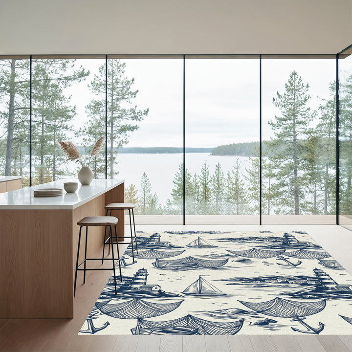 Nautical Village Lighthouse Sailboat Anchor Scene Rug